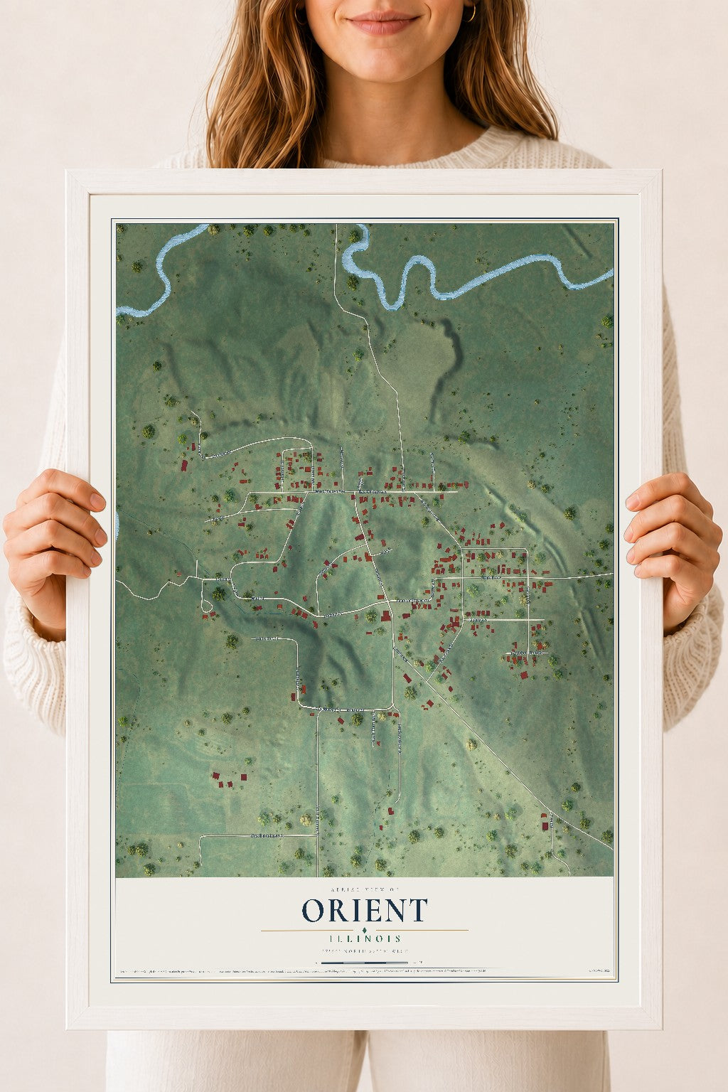 Map of Orient, Illinois, 18 x 24 inch print in a white wood frame