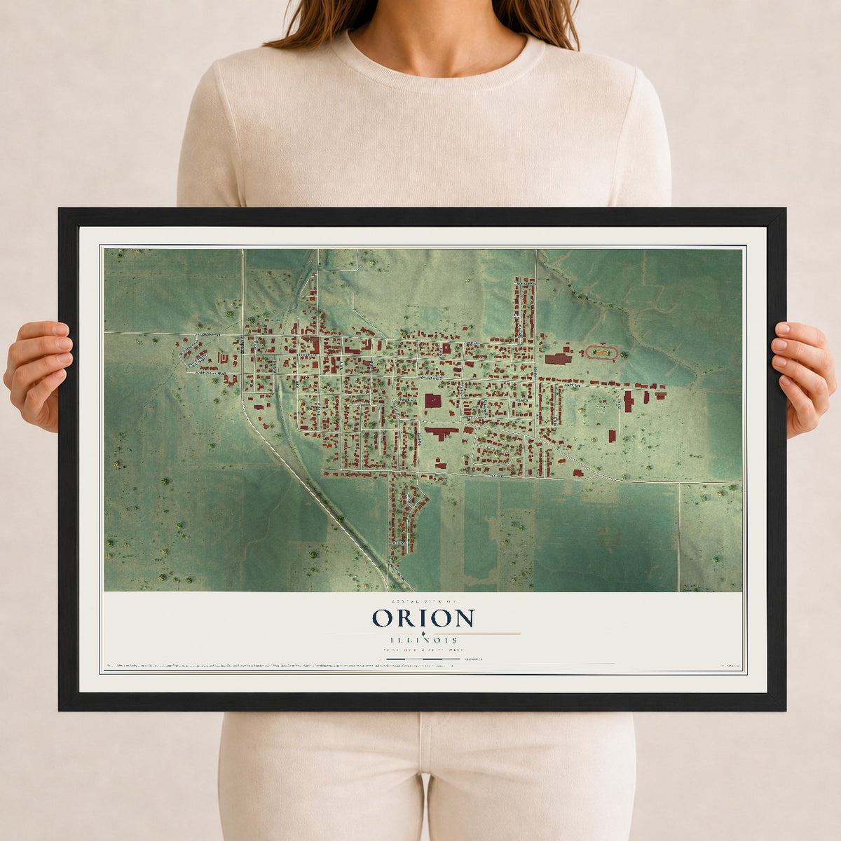 Map of Orion, Illinois, 12 x 18 inch print in a black wood frame
