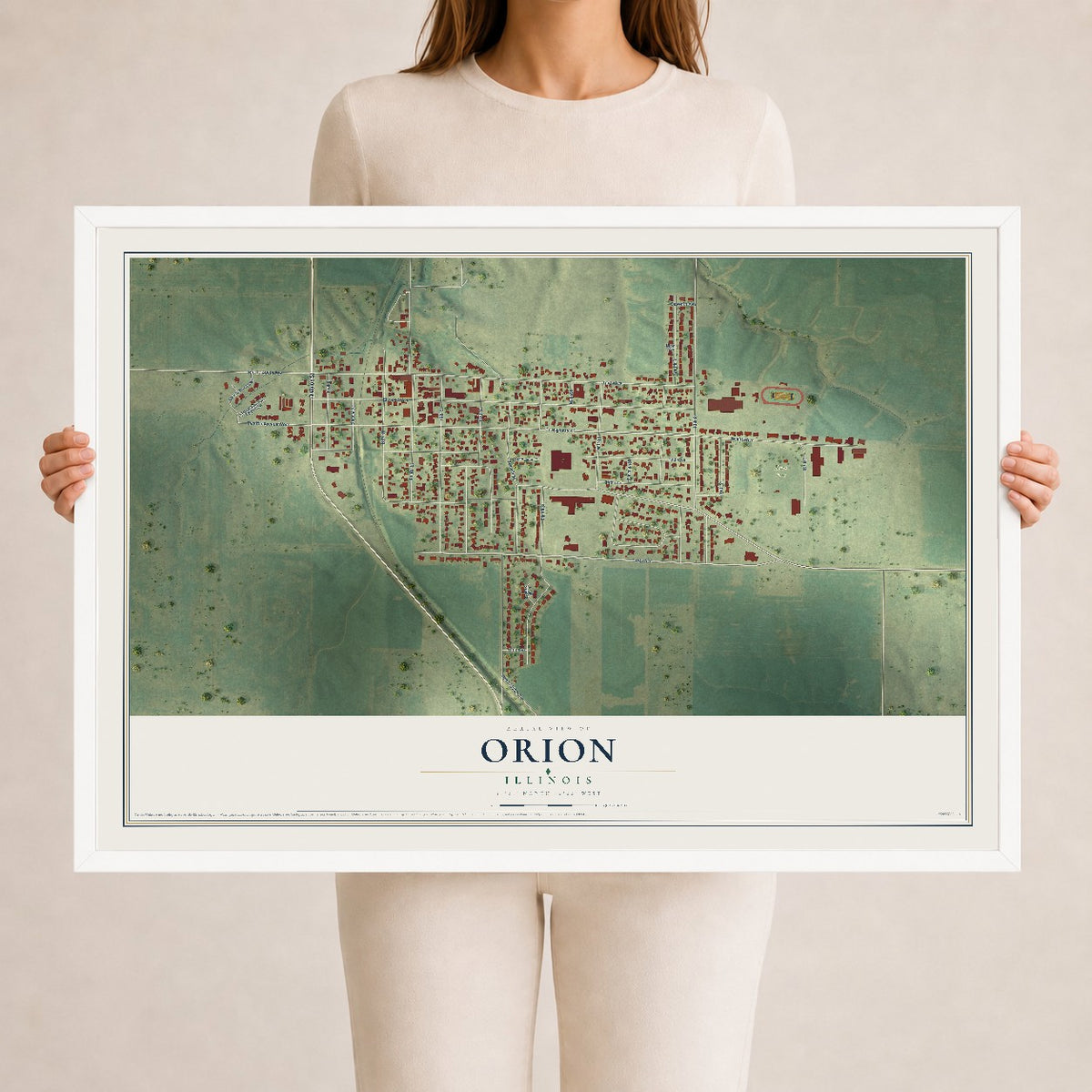 Map of Orion, Illinois, 24 x 36 inch print in a white wood frame