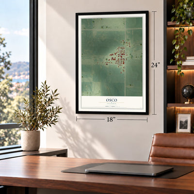 Osco, Illinois map, 18 x 24 inch print in a black frame in a home office