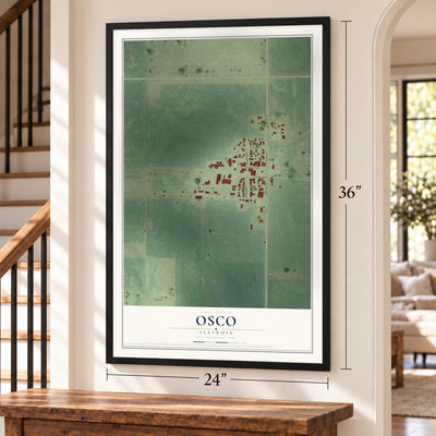 Osco, Illinois map, 24 x 36 inch print in a black frame by a staircase