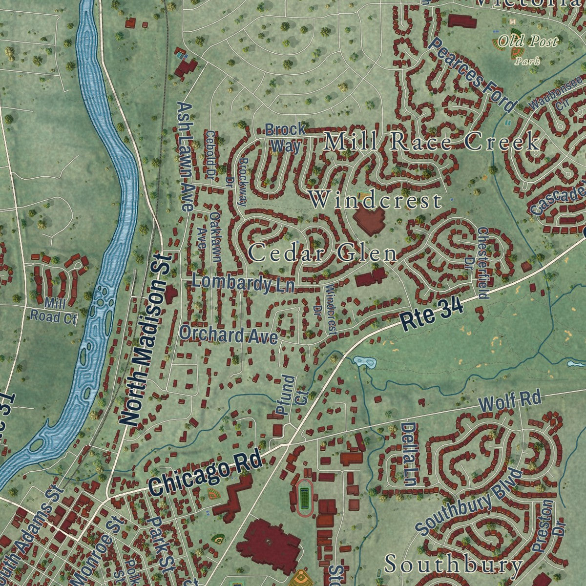 Close-up of the map of Oswego, Illinois print showing street and building detail