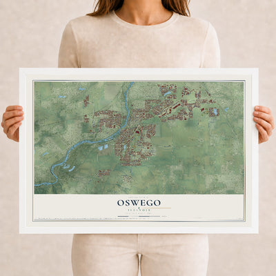 Map of Oswego, Illinois, 12 x 18 inch print in a white wood frame