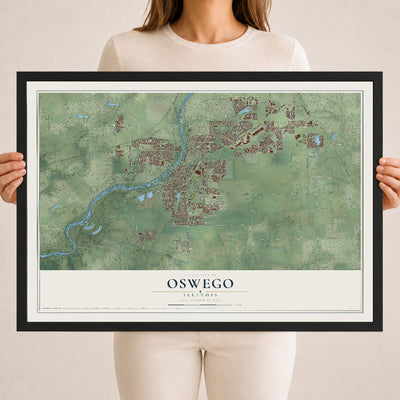 Map of Oswego, Illinois, 18 x 24 inch print in a black wood frame