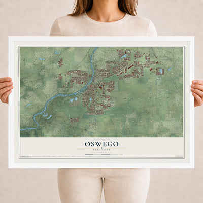 Map of Oswego, Illinois, 18 x 24 inch print in a white wood frame