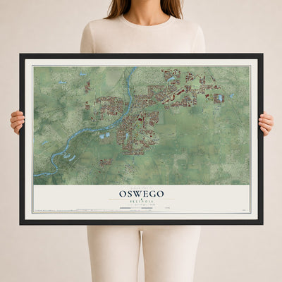 Map of Oswego, Illinois, 24 x 36 inch print in a black wood frame