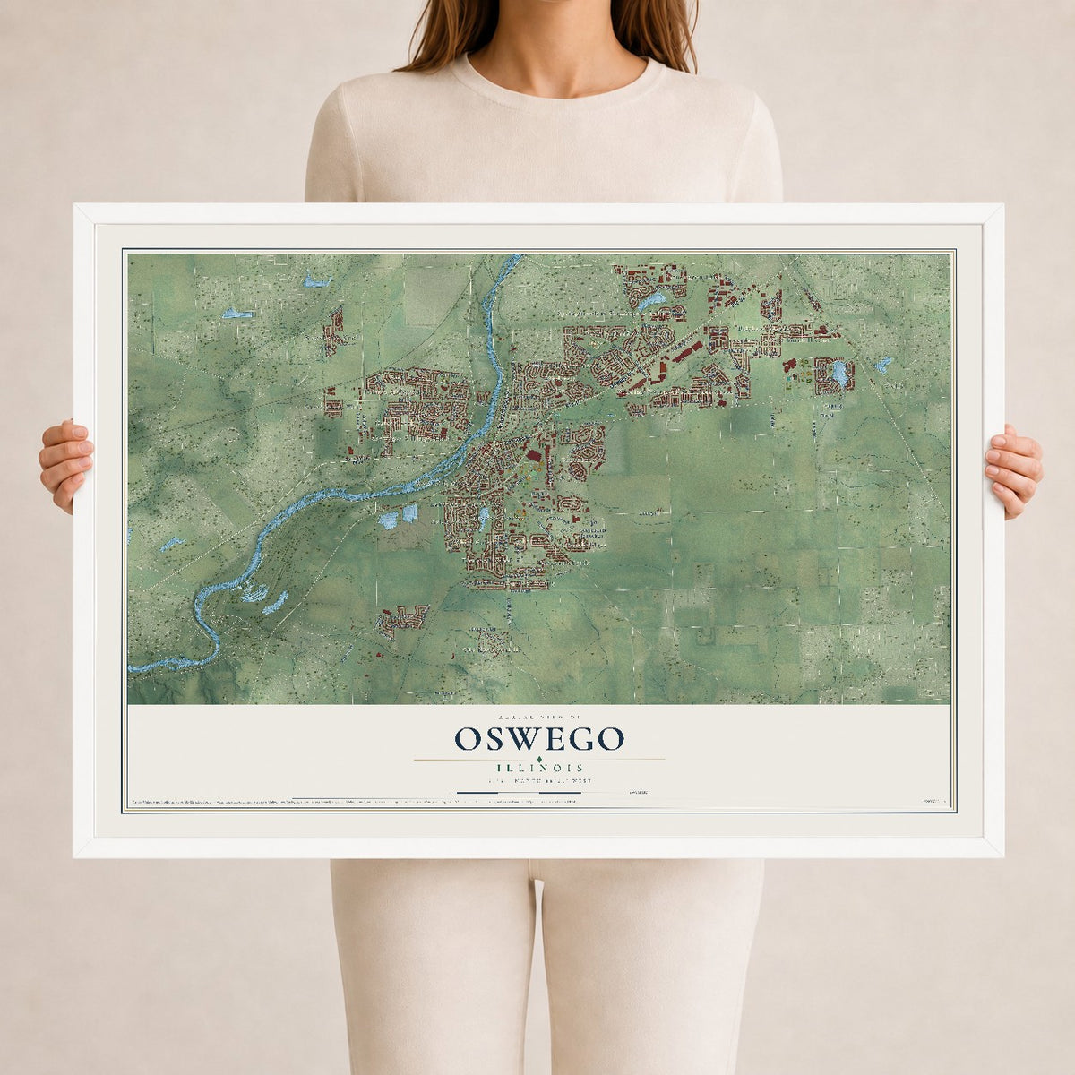 Map of Oswego, Illinois, 24 x 36 inch print in a white wood frame