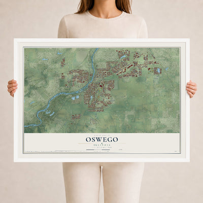 Map of Oswego, Illinois, 24 x 36 inch print in a white wood frame