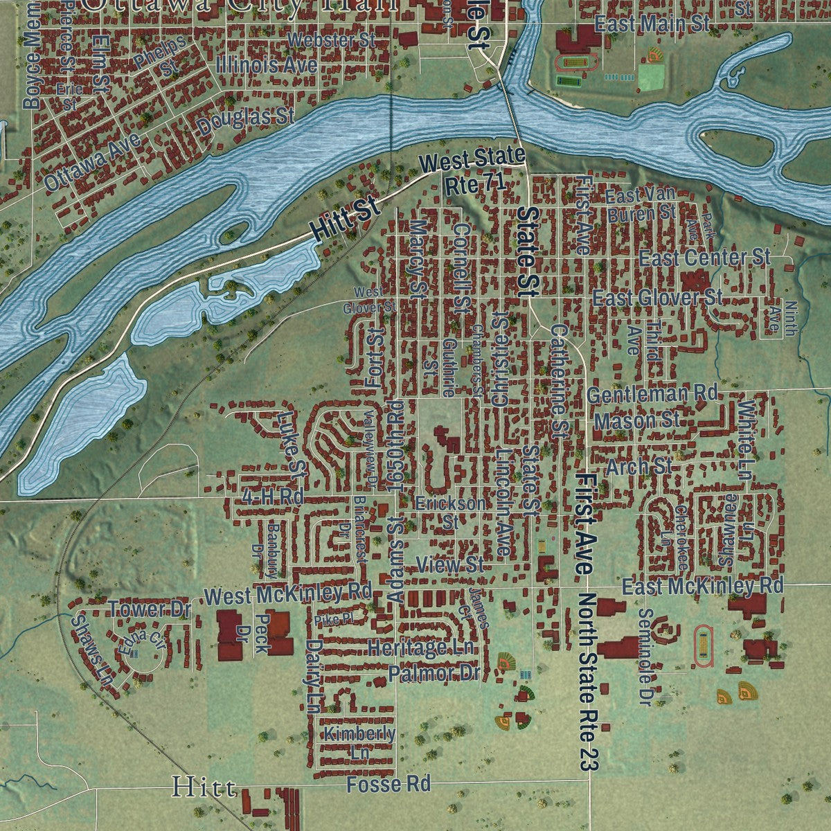Close-up of the map of Ottawa, Illinois print showing street and building detail
