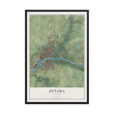Map of Ottawa, Illinois, 12 x 18 inch print in a black wood frame