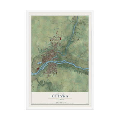 Map of Ottawa, Illinois, 12 x 18 inch print in a white wood frame