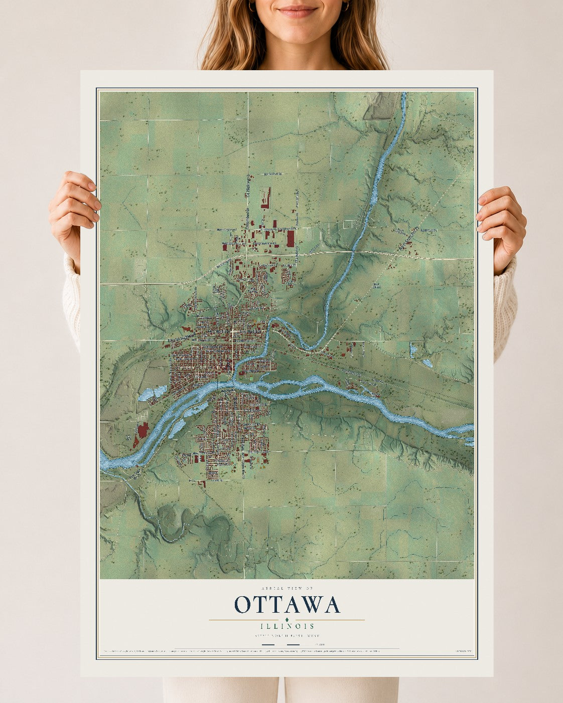 Map of Ottawa, Illinois, 24 x 36 inch unframed archival matte print