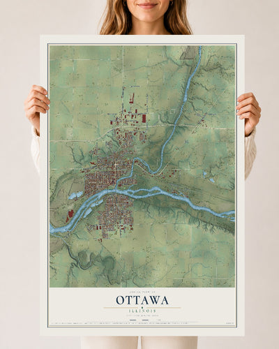 Map of Ottawa, Illinois, 24 x 36 inch unframed archival matte print