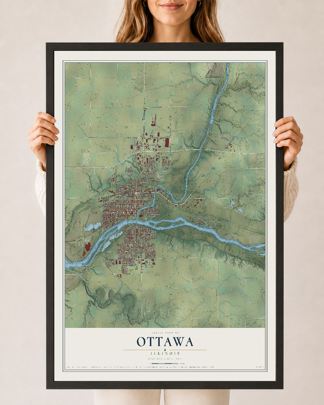 Map of Ottawa, Illinois, 24 x 36 inch print in a black wood frame