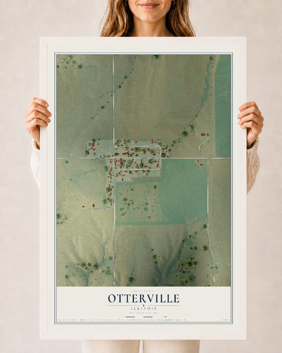 Map of Otterville, Illinois, 24 x 36 inch print in a white wood frame