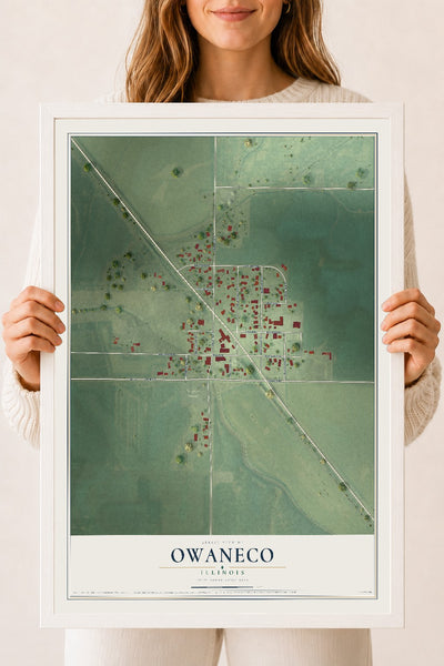 Map of Owaneco, Illinois, 18 x 24 inch print in a white wood frame