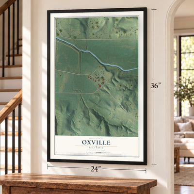 Oxville, Illinois map, 24 x 36 inch print in a black frame by a staircase