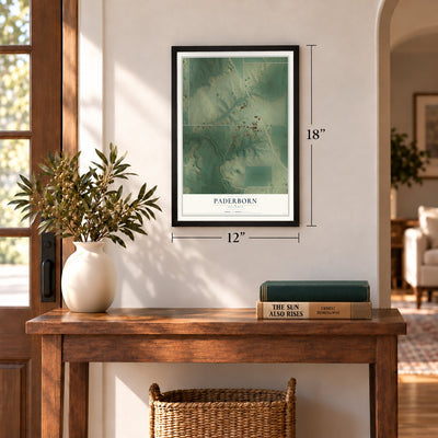 Paderborn, Illinois map, 12 x 18 inch print in a black frame in an entryway