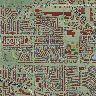 Close-up of the map of Palatine, Illinois print showing street and building detail