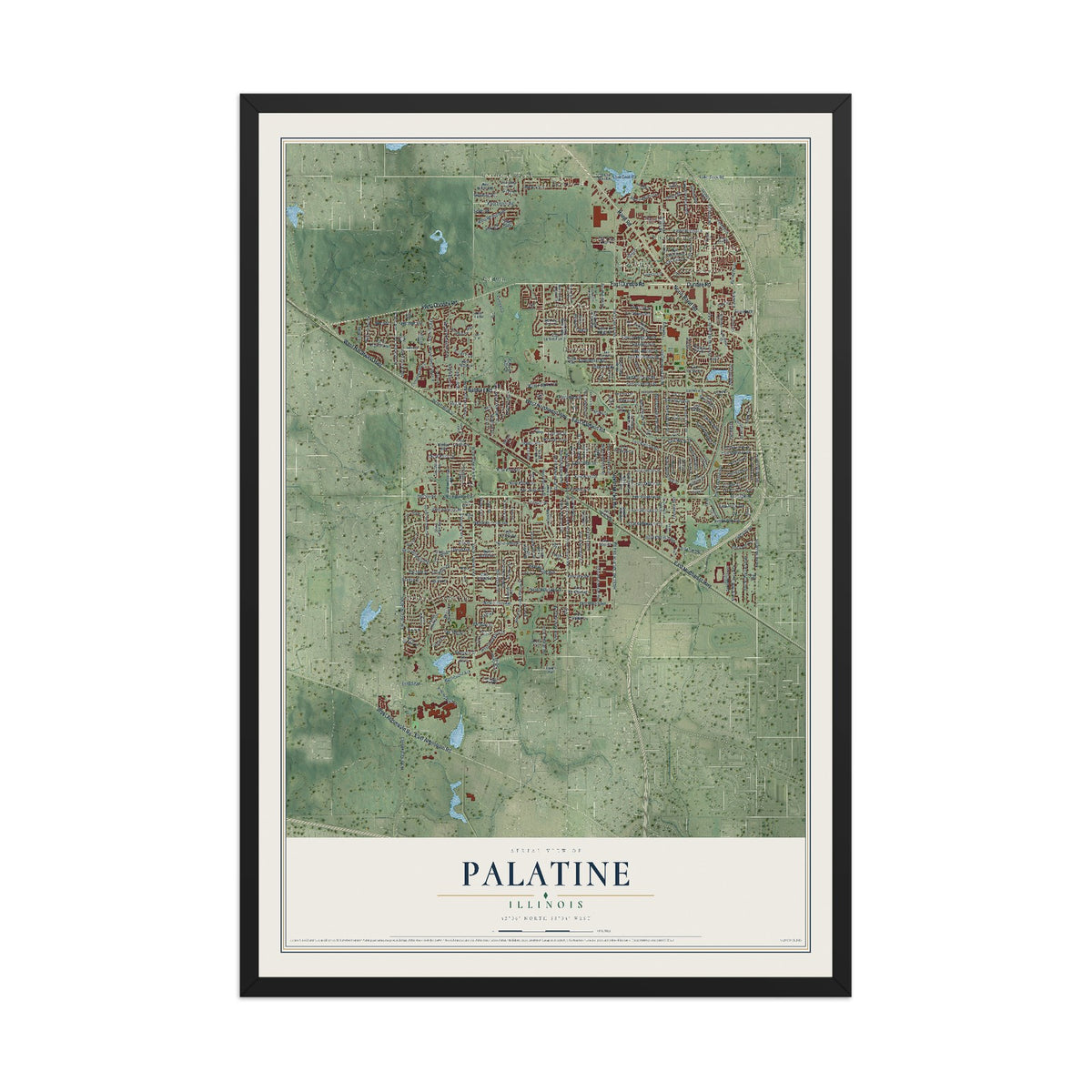 Map of Palatine, Illinois, 12 x 18 inch print in a black wood frame