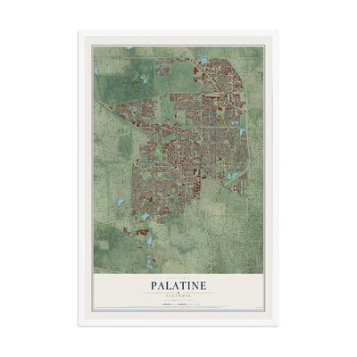 Map of Palatine, Illinois, 12 x 18 inch print in a white wood frame