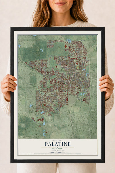 Map of Palatine, Illinois, 18 x 24 inch print in a black wood frame