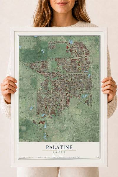 Map of Palatine, Illinois, 18 x 24 inch print in a white wood frame