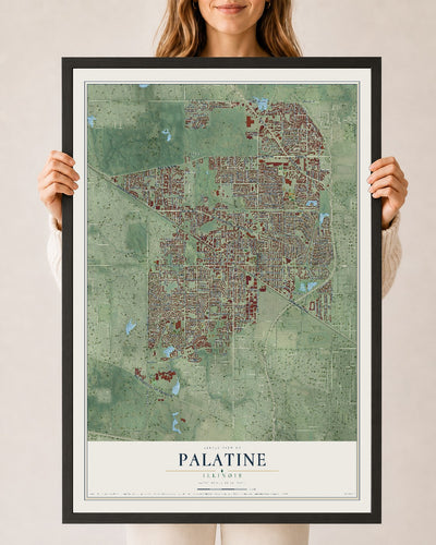 Map of Palatine, Illinois, 24 x 36 inch print in a black wood frame