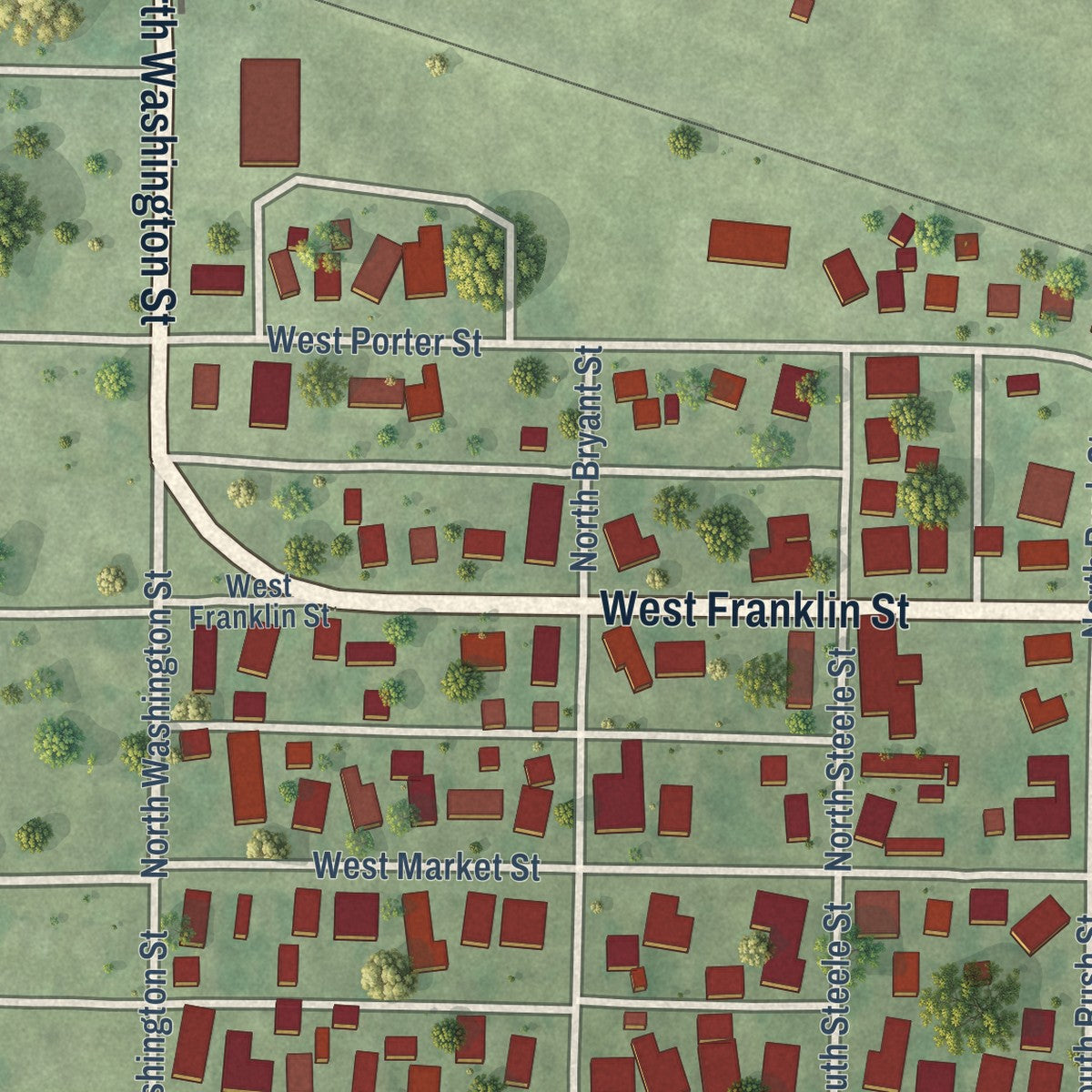 Second close-up of the map of Palestine, Illinois print showing more streets and buildings