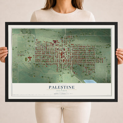 Map of Palestine, Illinois, 18 x 24 inch print in a black wood frame