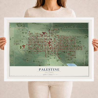 Map of Palestine, Illinois, 18 x 24 inch print in a white wood frame