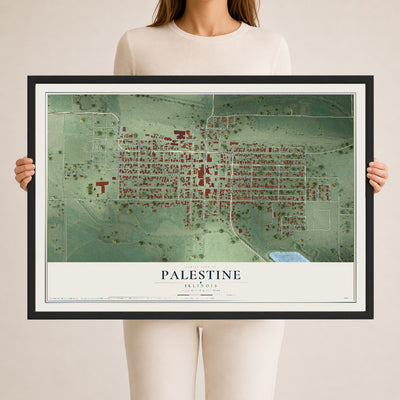 Map of Palestine, Illinois, 24 x 36 inch print in a black wood frame