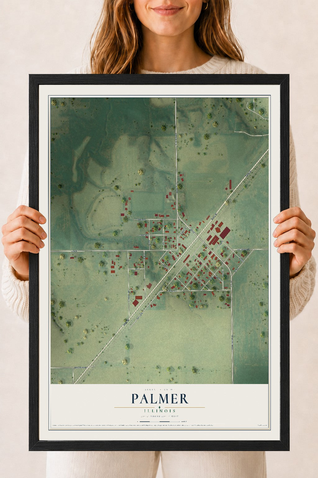 Map of Palmer, Illinois, 18 x 24 inch print in a black wood frame