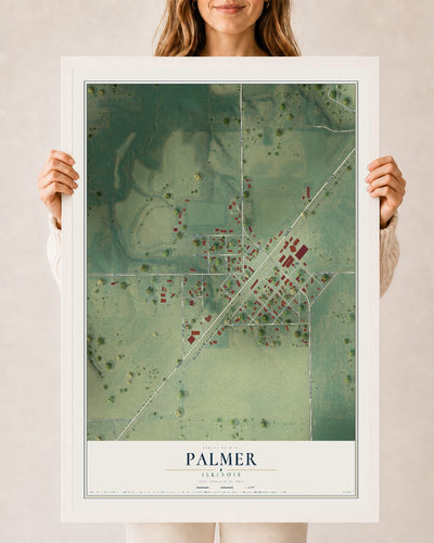 Map of Palmer, Illinois, 24 x 36 inch print in a white wood frame