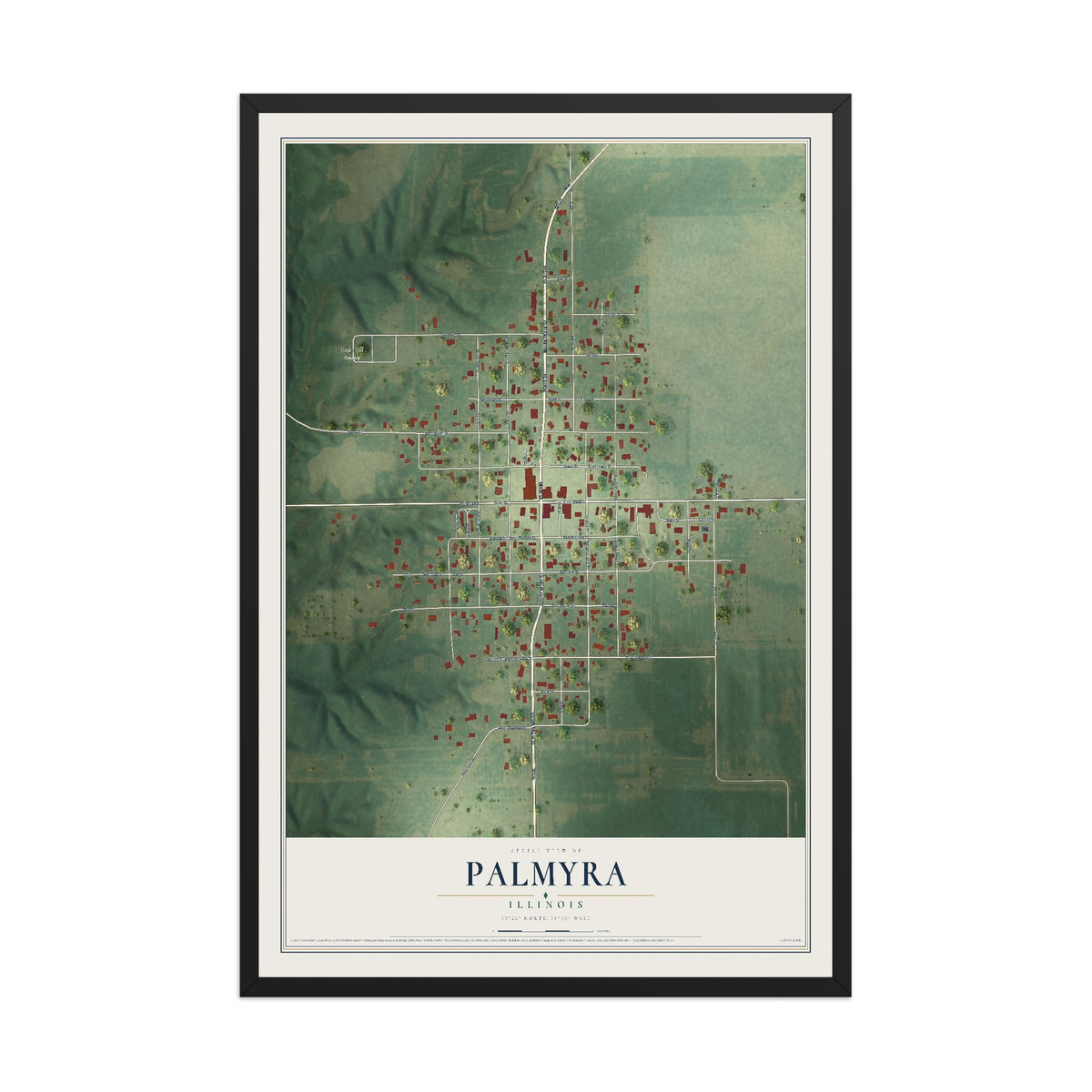 Map of Palmyra, Illinois, 12 x 18 inch print in a black wood frame