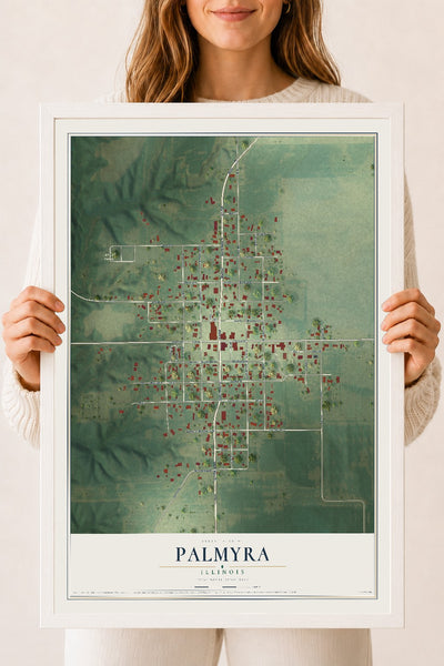 Map of Palmyra, Illinois, 18 x 24 inch print in a white wood frame