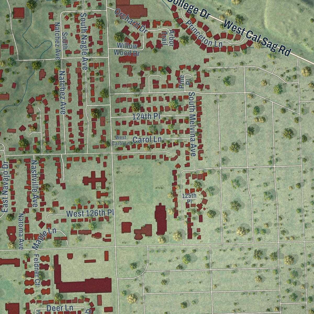 Second close-up of the map of Palos Heights, Illinois print showing more streets and buildings