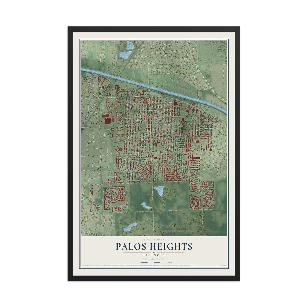 Map of Palos Heights, Illinois, 12 x 18 inch print in a black wood frame