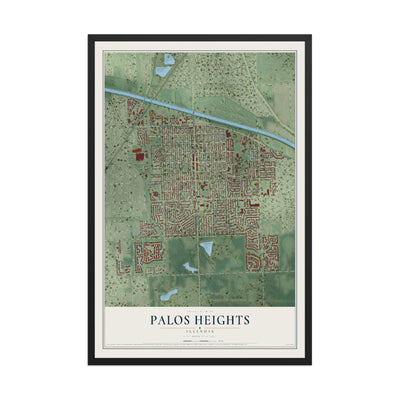 Map of Palos Heights, Illinois, 12 x 18 inch print in a black wood frame