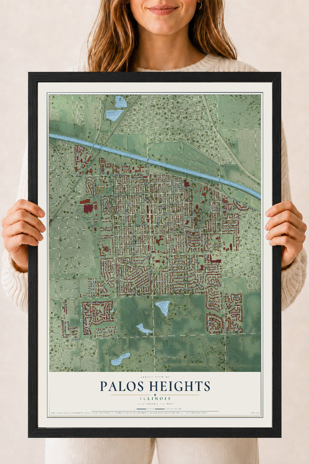 Map of Palos Heights, Illinois, 18 x 24 inch print in a black wood frame