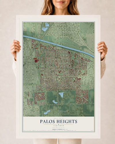 Map of Palos Heights, Illinois, 24 x 36 inch print in a white wood frame
