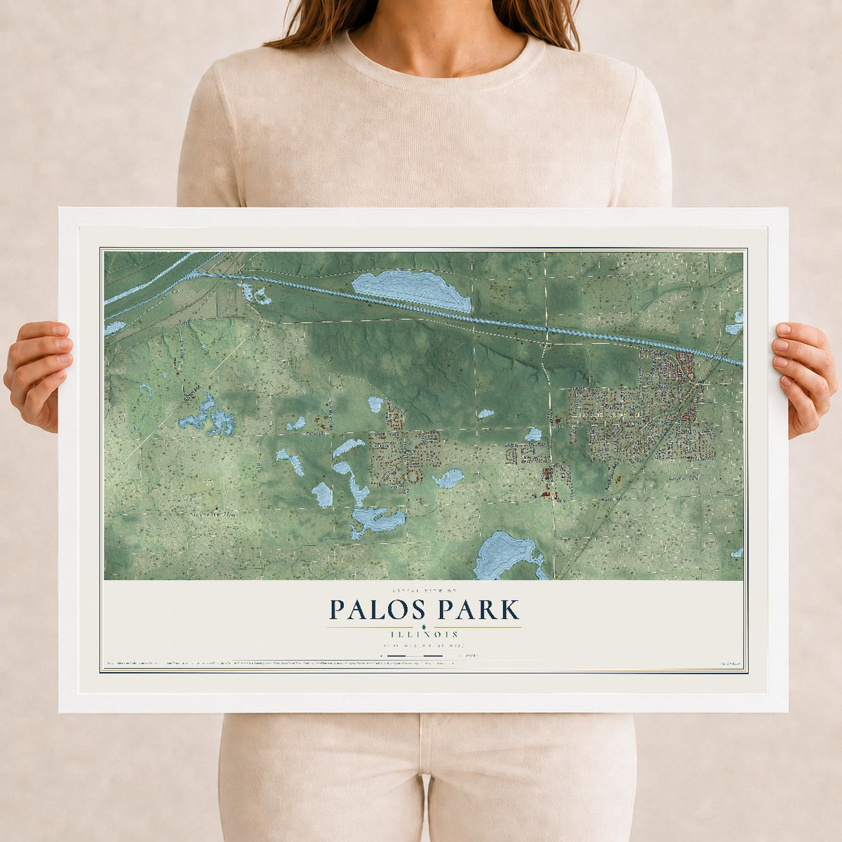 Map of Palos Park, Illinois, 12 x 18 inch print in a white wood frame