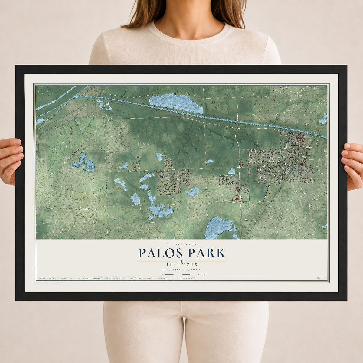 Map of Palos Park, Illinois, 18 x 24 inch print in a black wood frame
