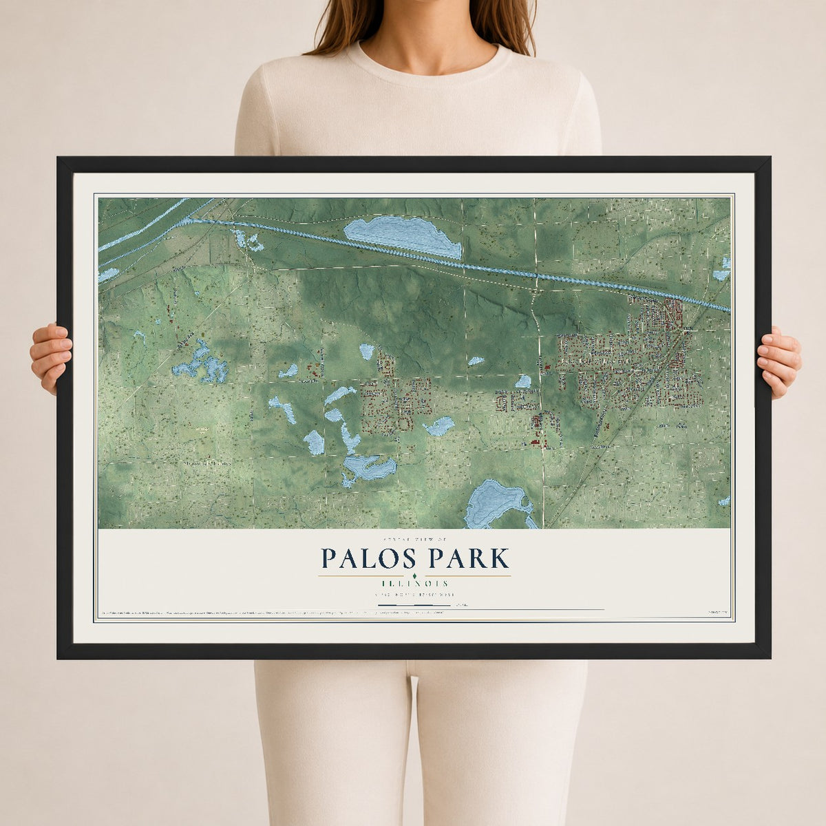 Map of Palos Park, Illinois, 24 x 36 inch print in a black wood frame