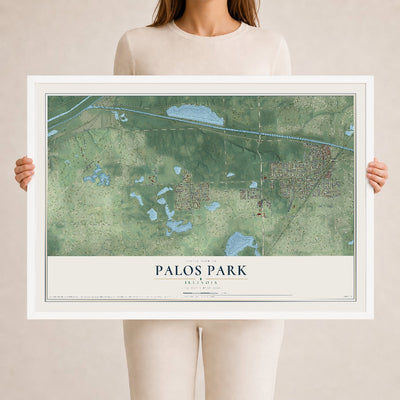 Map of Palos Park, Illinois, 24 x 36 inch print in a white wood frame