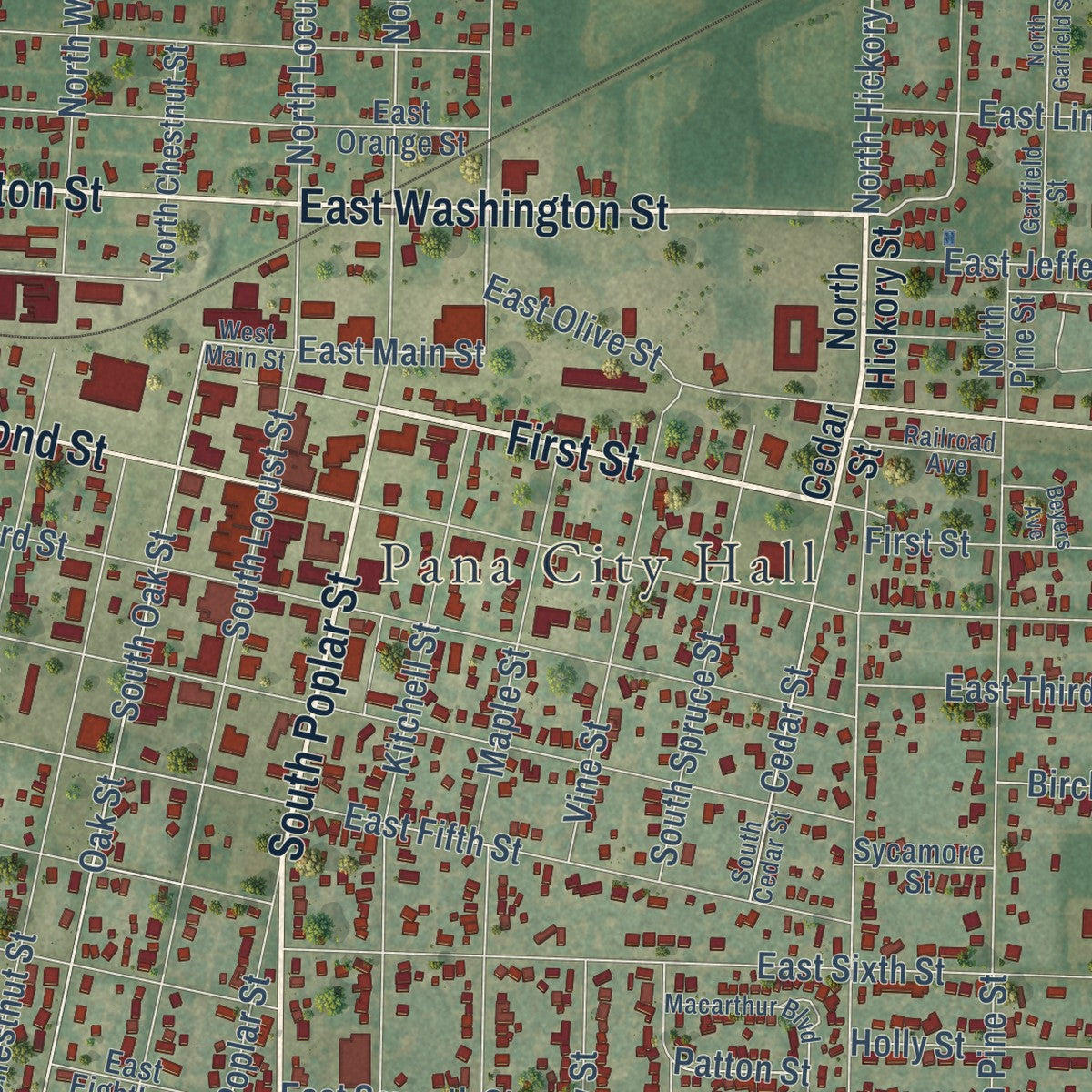 Close-up of the map of Pana, Illinois print showing street and building detail
