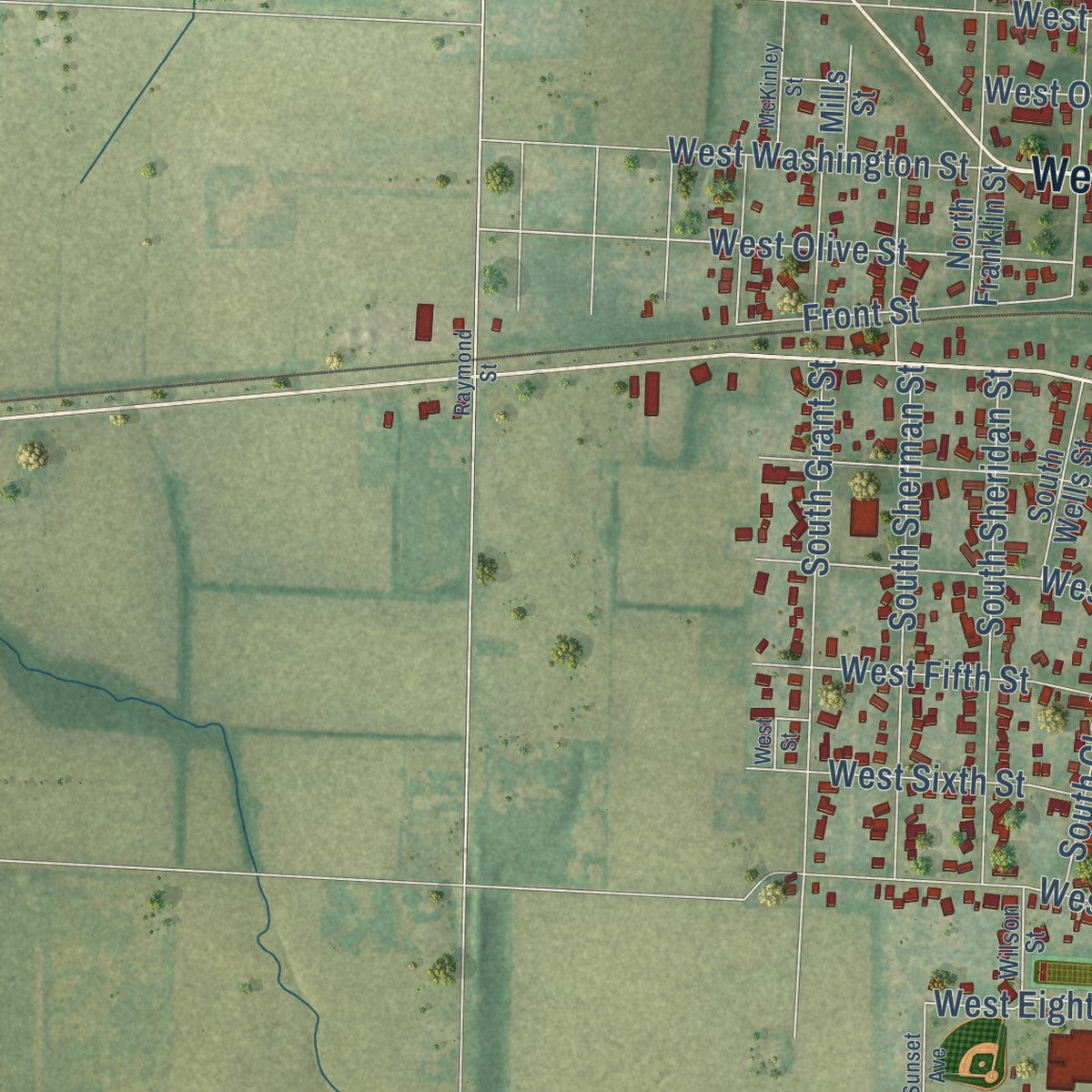 Second close-up of the map of Pana, Illinois print showing more streets and buildings