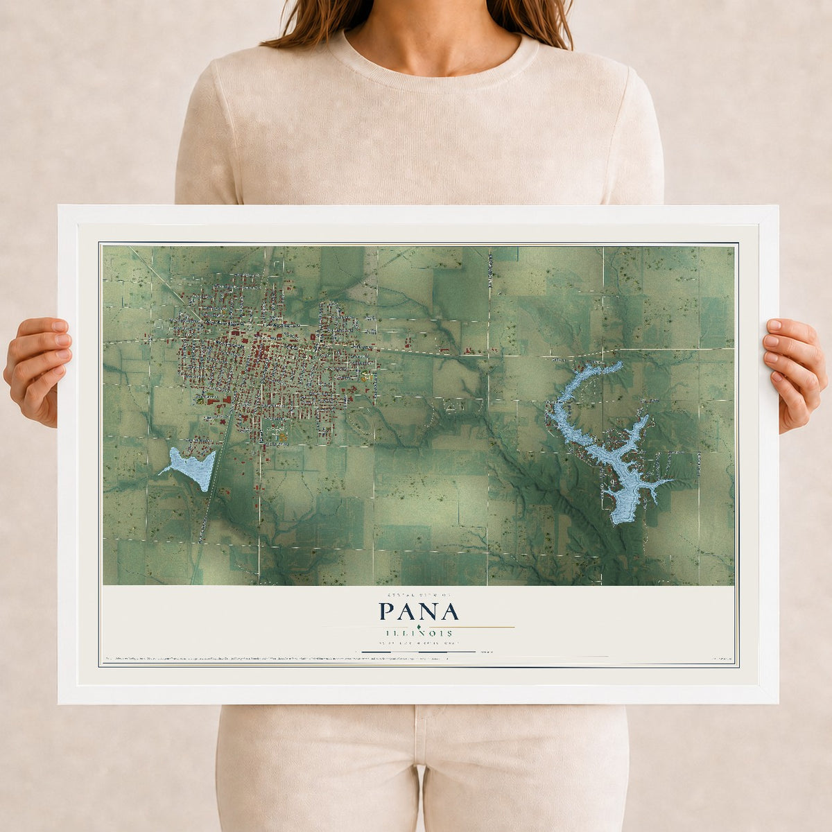 Map of Pana, Illinois, 12 x 18 inch print in a white wood frame