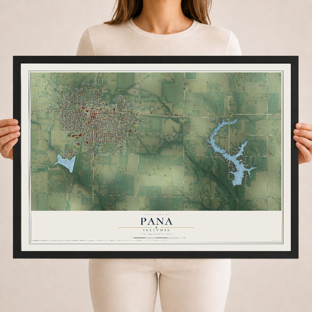 Map of Pana, Illinois, 18 x 24 inch print in a black wood frame