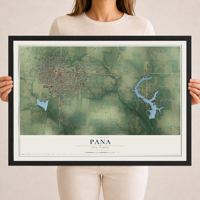 Map of Pana, Illinois, 18 x 24 inch print in a black wood frame